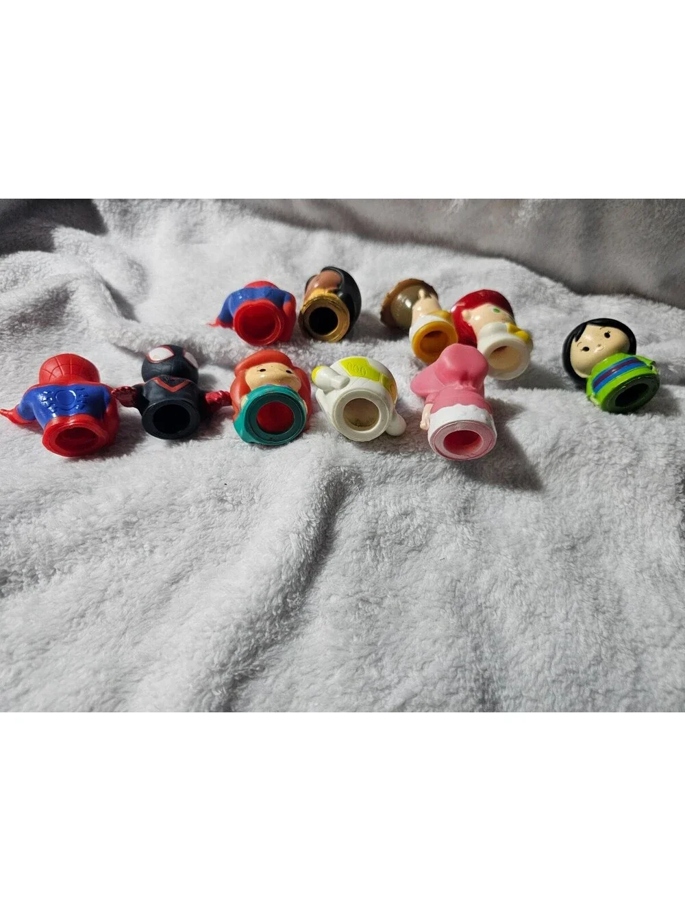 (10pc) Disney & Marvel Finger Plastic Puppets Black Spiderman Woody Ariel Buzz